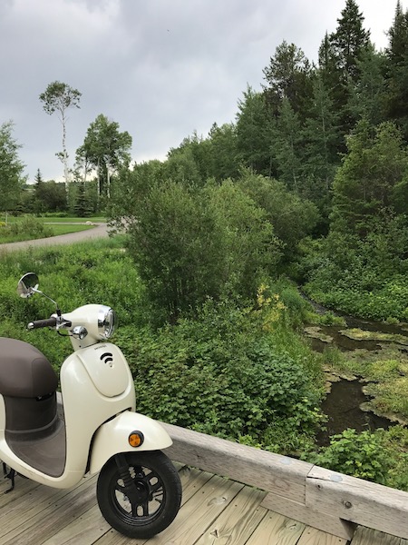 walking trail near trees, wooden bridge, river and moped on bridge.