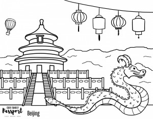 china coloring page with dragon and temple of heaven