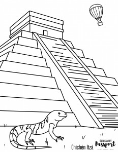 Meixco coloring page of Chichén Itzá and a lizard