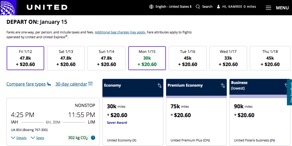 United flights from US to Peru on points and miles