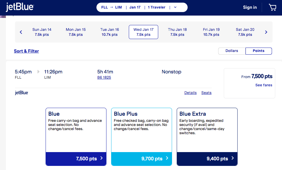 Jet Blue flights to Peru on Points