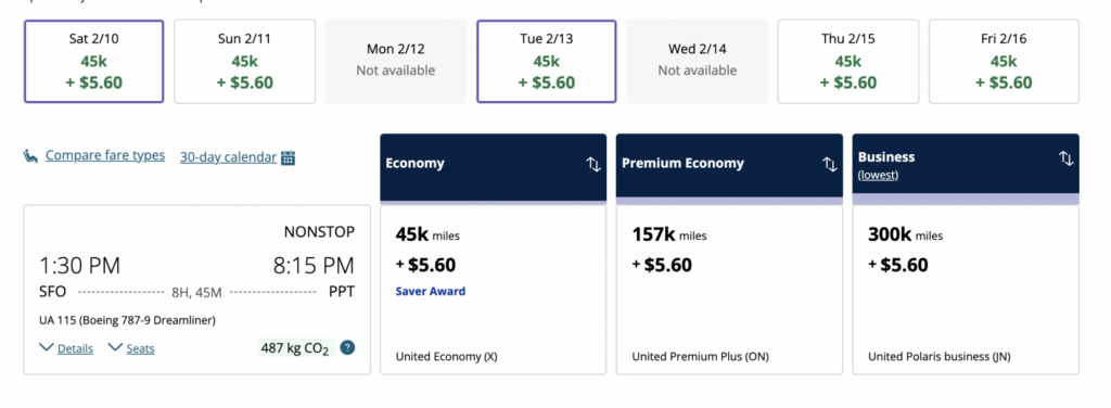 united airlines to bora bora on points