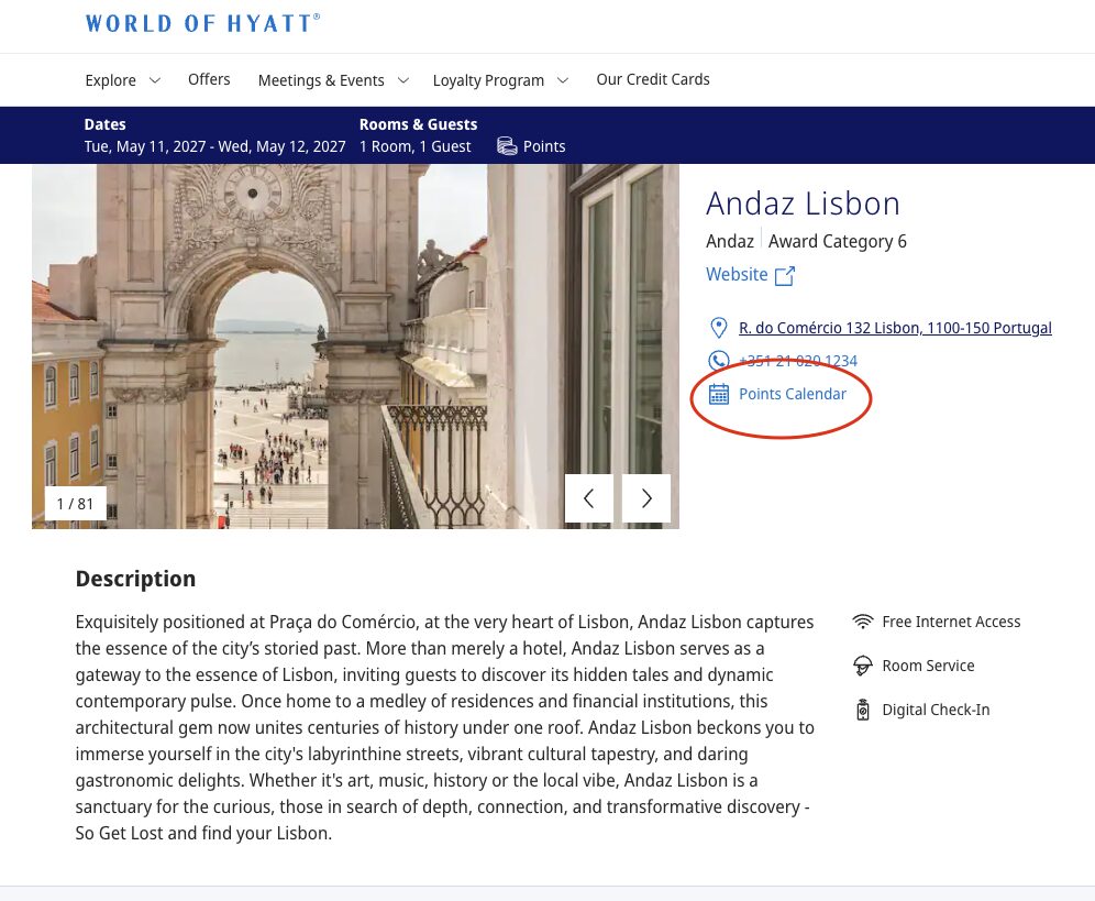 World of Hyatt site showing Andaz Lisbon's award category and the points calendar link to check costs