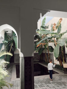 Child standing in modern Moroccan riad courtyard with white arches and tropical banana plants