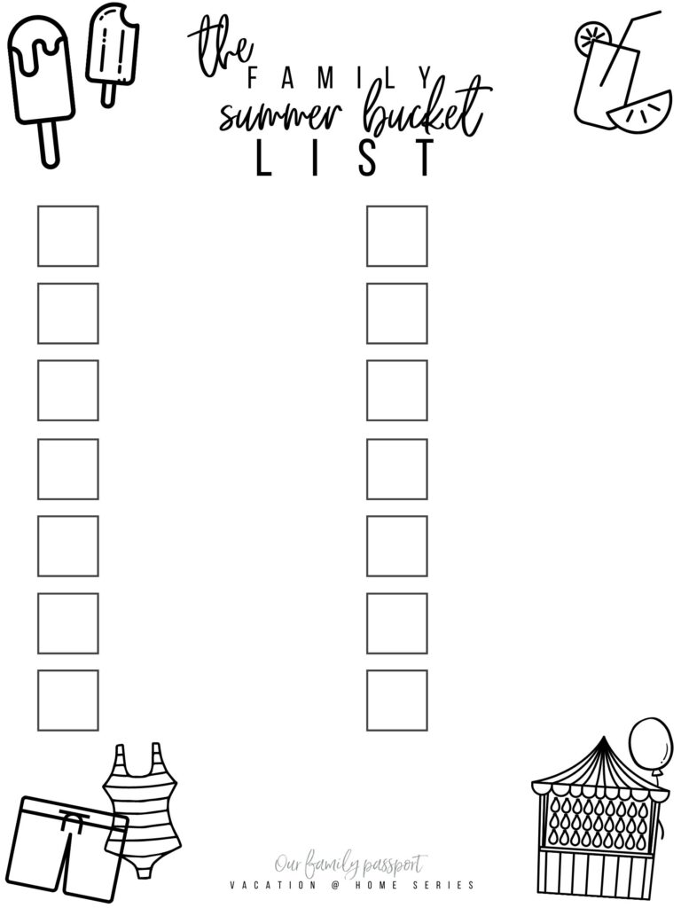 family summer bucket list printable for kids