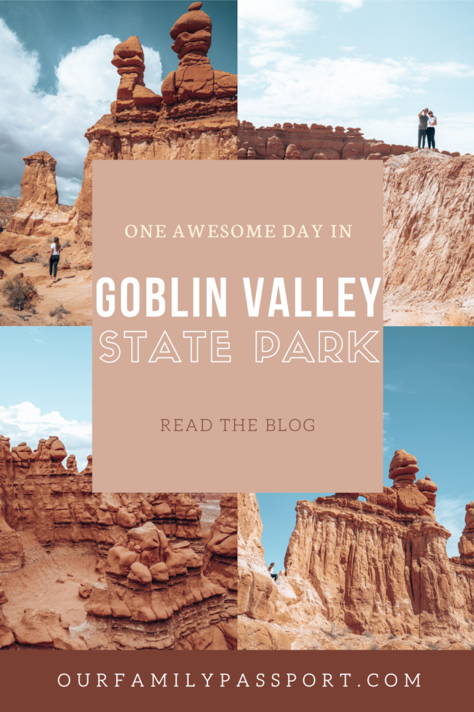 Pin image that says one awesome day in goblin valley state park, read the blog.