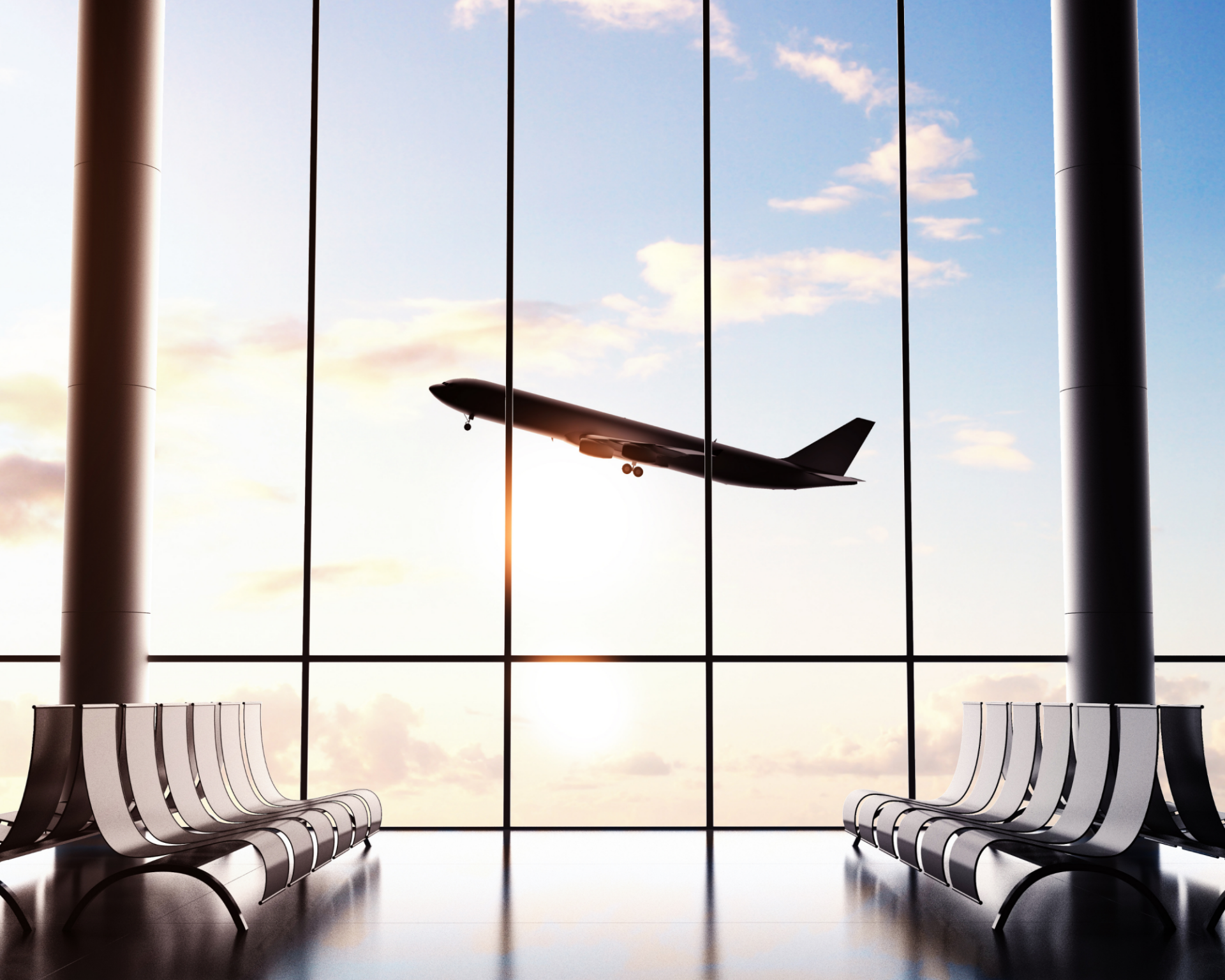 airport waiting room with plane departure