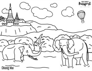 Elephants in Chiang Mai Thailand Coloring Page