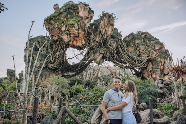 a young couple in front of avatar in Animal Kingdom