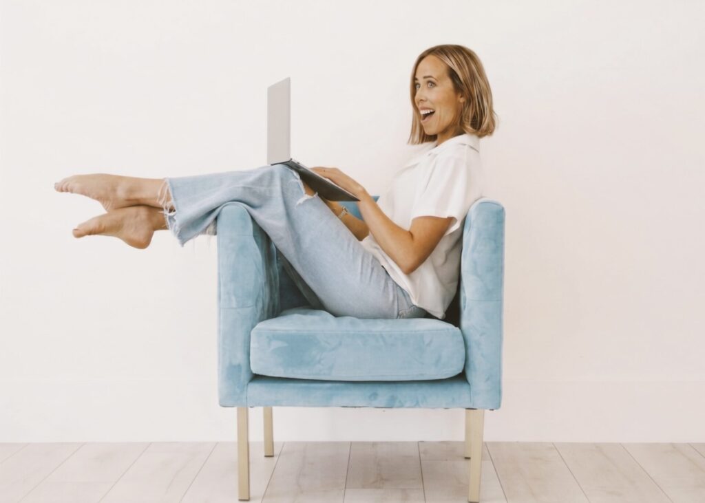 applying for a business card on a blue chair with white background