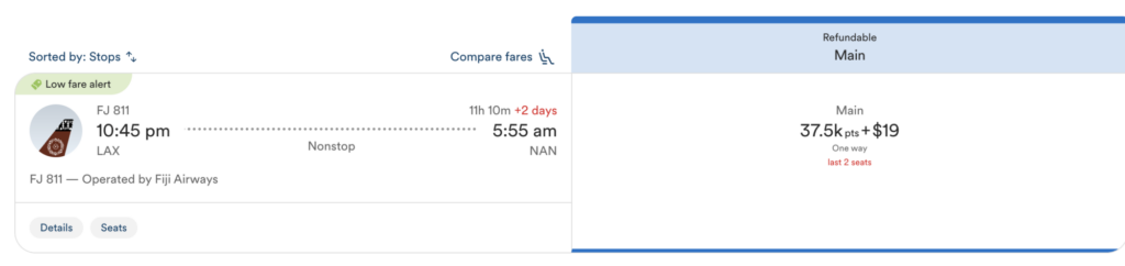 Screenshot showing Fiji Airways award flight from Los Angeles to Nadi Fiji booked with ATMOS Miles