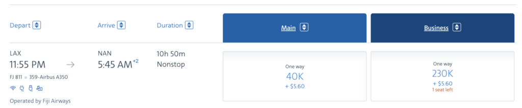Screenshot showing Fiji Airways award flight from Los Angeles to Nadi Fiji costs 40000 miles in economy or 230000 miles in business class with American Airlines AAdvantage
