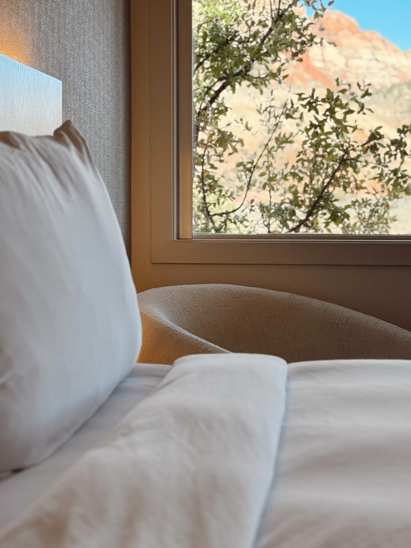 Hotel de Novo Springdale Tapestry Collection Hilton room view red rock canyon walls Zion from bed