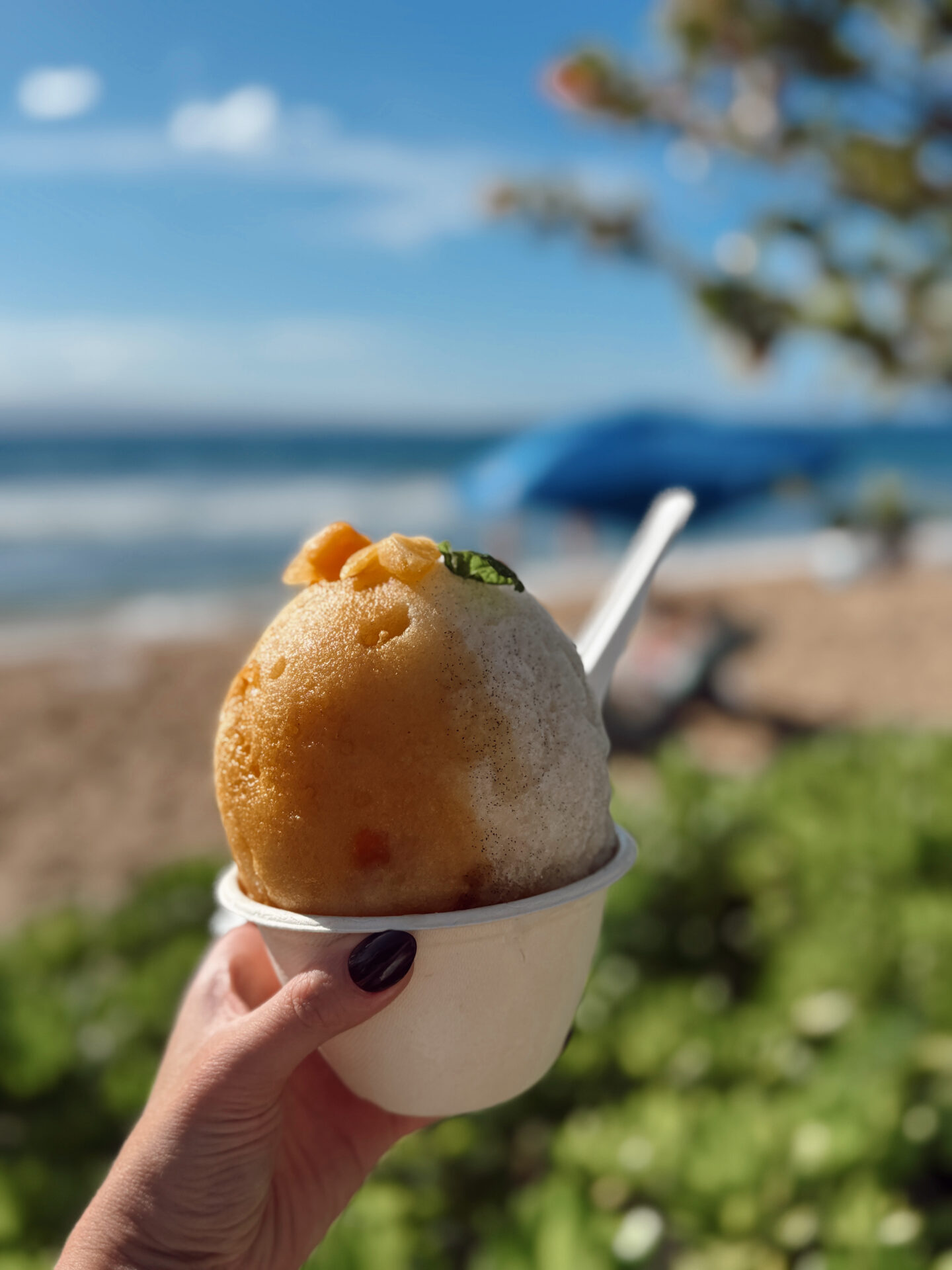 Hawaiian shave ice held up on Ka'anapali Beach in Maui with ocean in the background