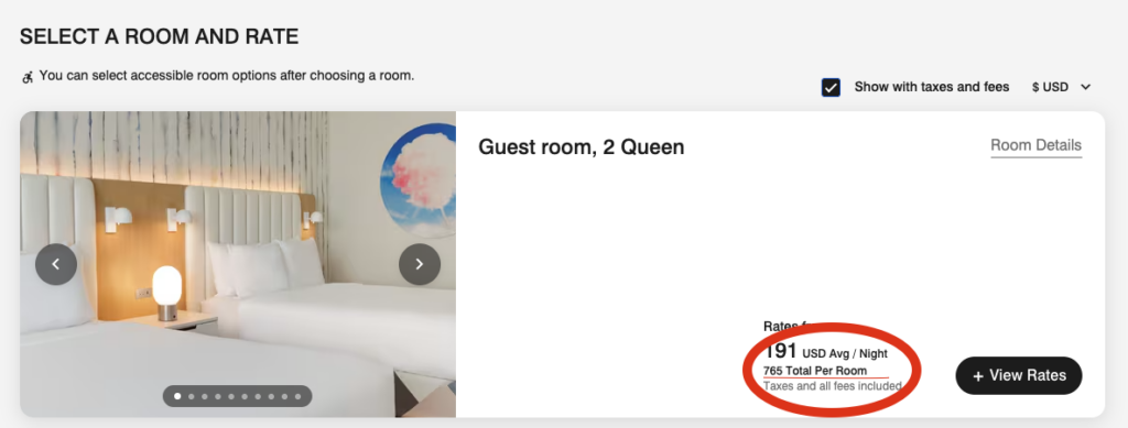 Marriott Bonvoy website showing the room rate for a Guest Room 2 Queen at The Viv Hotel Anaheim to compare for a price match
