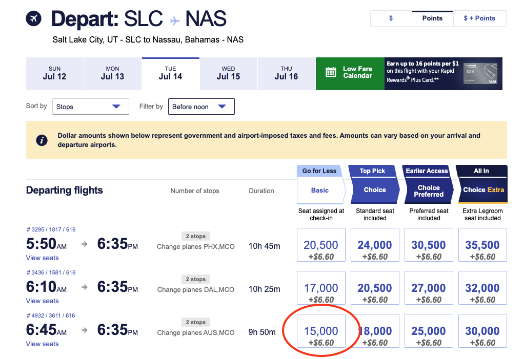 Southwest award booking from Salt Lake City to Nassau Bahamas for 15,000 points plus 6.60 dollars