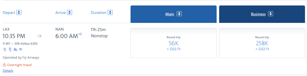 Screenshot of American Airlines booking Fiji Air
